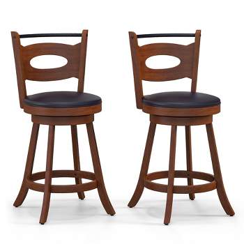 Costway Set of 2 Bar Stools 360° Swivel Dining Chairs Solid Rubber Wood Leather Padded Seat Counter Height