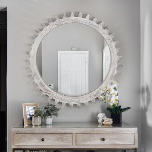 CAVINAS Wooden Round Bathroom Mirror,Heavy Gear-Shaped Frame Mirror,Wall Mounted Mirror for Bathroom,Living Room,Entryway,Corridor - 1 of 4