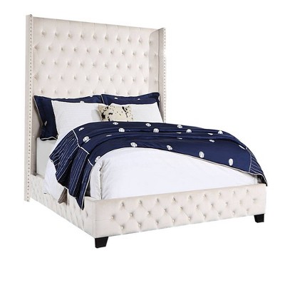 89" Eastern King Bed Velvet Beige - Acme Furniture: Faux Leather Upholstery, Nailhead Trim, Wood Frame