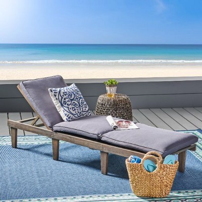 Acacia Wood Patio Chaise Lounge with Water-Resistant Cushion, Outdoor Furniture, Chaise Lounges Outdoor Chairs for Outside -Christopher Knight Home