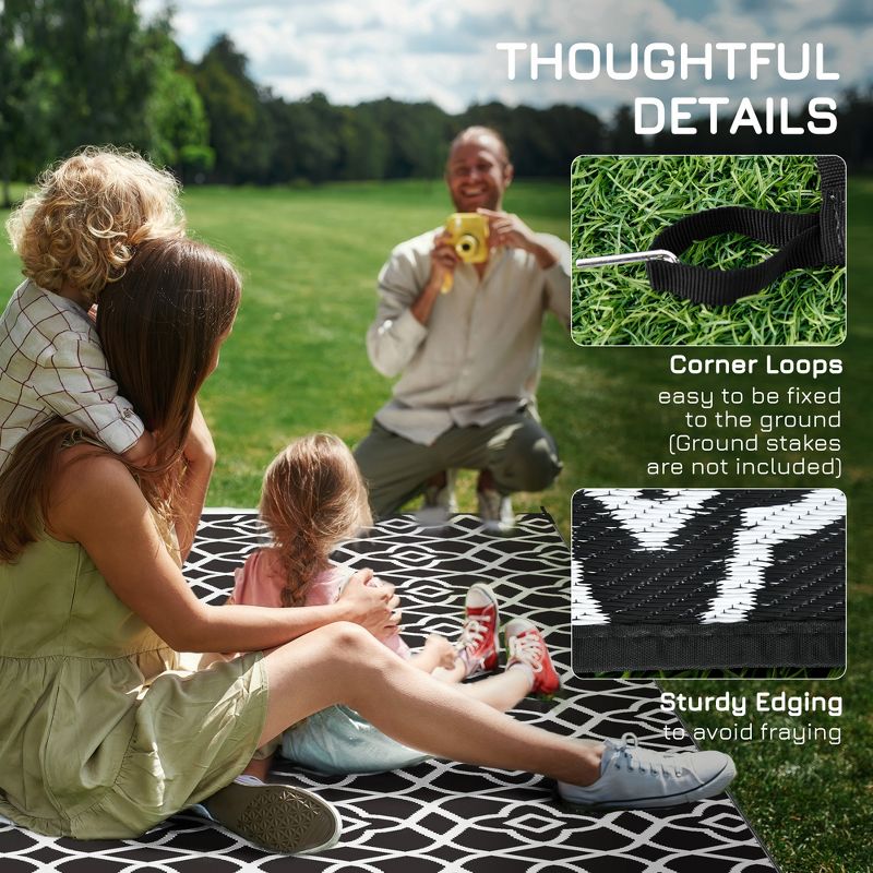 Outsunny RV Mat, Outdoor Patio Rug / Large Camping Carpet with Carrying Bag, 9' x 18', Waterproof Plastic Straw, Reversible, Black & White Clover, 5 of 7