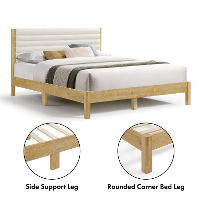 Natural Queen Platform Bed with Boucle Upholstered Headboard
