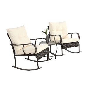 3 Pieces Patio Furniture Set Rocking Bistro Set Outdoor Rattan Conversation with Coffee Table for Garden Balcony Backyard Poolside - 1 of 4
