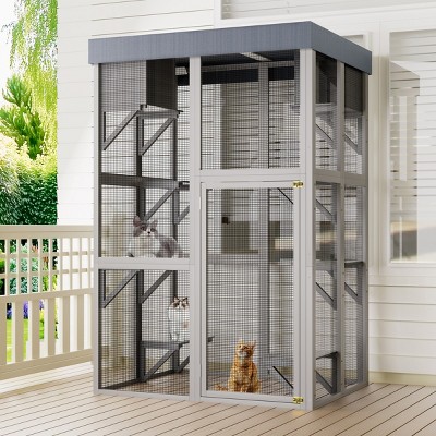 70'' Wooden Outdoor Catio Cat Enclosure with 6 Platforms and 2 Napping Houses,Cat Cage with Removable Waterproof Roof for Backyard - LAOTIES