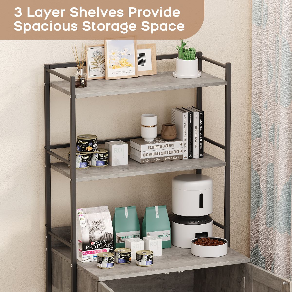 Cat Litter Box Enclosure with Storage Shelves, 2-in-1 Hidden Furniture Cabinet for Indoor Cat House with Door, Grey - thumbnail 5