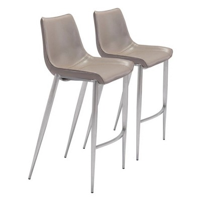 Zuo Modern Magnus Barstool Set of 2 – Brown Faux Leather Seat, Silver Stainless Steel Frame, 43.3" H