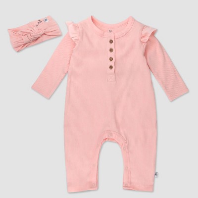 Image of Honest Baby Organic Cotton Painterly Rib Ruffle Sleeve Coveralls Headband Set - Pink Newborn