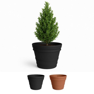 Bloem Rolled Rim 16" Black Round Planter Pot - Resin Indoor or Outdoor Gardening Planter with Optional knock out for Drainage