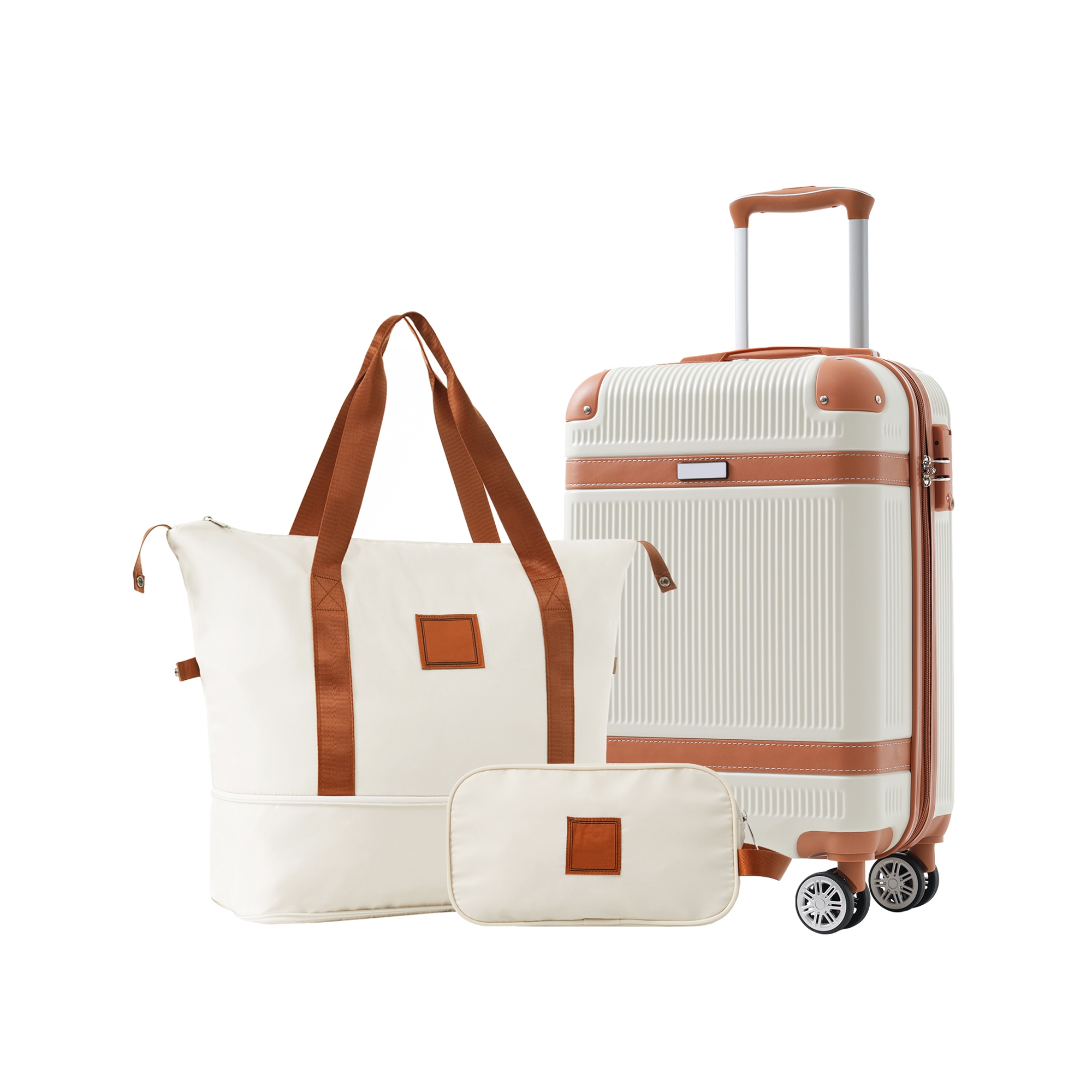 3 PCS ABS Lightweight Hard Shell Carry on Luggage(20") with Travel Bag, Spinner Wheels and TSA Lock, White - ModernLuxe