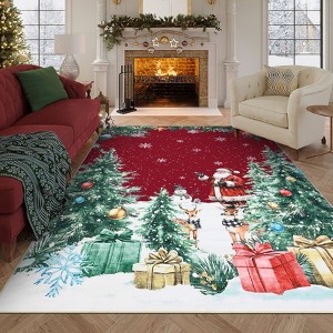 Modern Red Christmas Rug with Snow Tree Print Ultra Soft Thin Floor Mat Non Slip Washable for Bathroom Bedroom Living Room Decor - 1 of 4