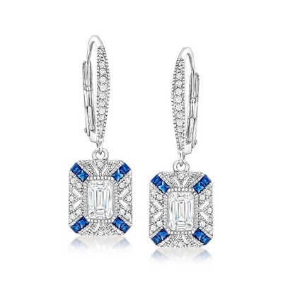 Ross-Simons 1.30 ct. t.w. CZ and .30 ct. t.w. Simulated Sapphire Drop Earrings in Sterling Silver