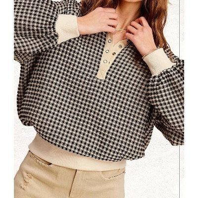 Women's Waffle Texture Collared Sweatshirt - LA MIEL