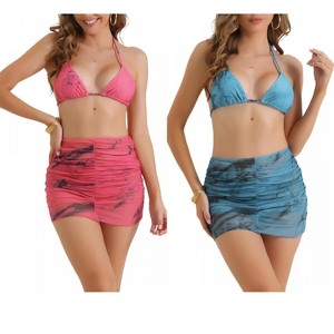 INSPIRE CHIC Women's Tie Dye Halter Tie Back Triangle Bottom Cover Up Skirt Swimwear Bikini 2 Sets - 1 of 4