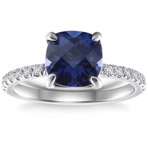 Pompeii3 VS 2 1/3Ct TW Cushion Blue Sapphire & Diamond Ring in 14k White Gold - 1 of 4