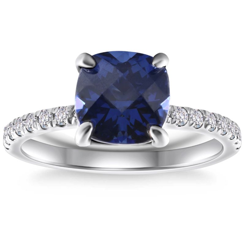 Pompeii3 VS 2 1/3Ct TW Cushion Blue Sapphire & Diamond Ring in 14k White Gold, 1 of 6