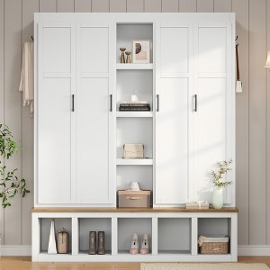 Whisen Freestanding Hall Tree with Shoe Bench, Storage Shelves and 3 Hanging Hooks - 1 of 4
