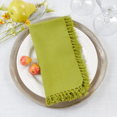 Kiwi Green Fringed Cotton Table Napkins, Set of 4