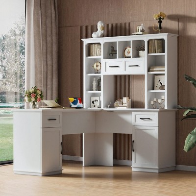 L-Shaped Computer Desk with Hutch, Power Outlet, Cabinets, Drawers and Open Shelves, MDF Home Office Desk for Study, Workstation - Cuddlewood