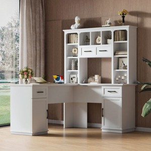 L-Shaped Computer Desk with Hutch, Power Outlet, Cabinets, Drawers and Open Shelves, MDF Home Office Desk for Study, Workstation - Cuddlewood - 1 of 4