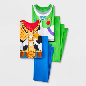 Boys' Toy Story Buzz Lightyear & Woody 4pc Uniform Tight Fit Short Sleeve Cotton Pajama Set - White/Blue/Green - 1 of 4