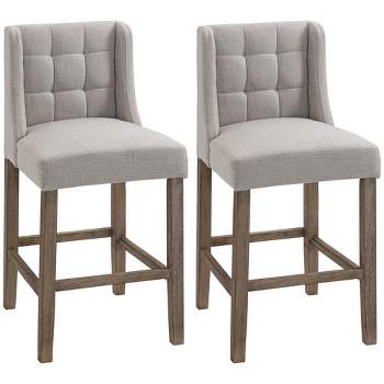 HOMCOM Bar Stools, Tufted Upholstered Barstools, Pub Chairs with Back, Rubber Wood Legs for Kitchen, Dinning Room, Set of 2