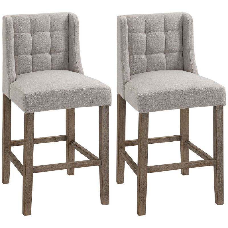 HOMCOM Bar Stools, Tufted Upholstered Barstools, Pub Chairs with Back, Rubber Wood Legs for Kitchen, Dinning Room, Set of 2, 1 of 7