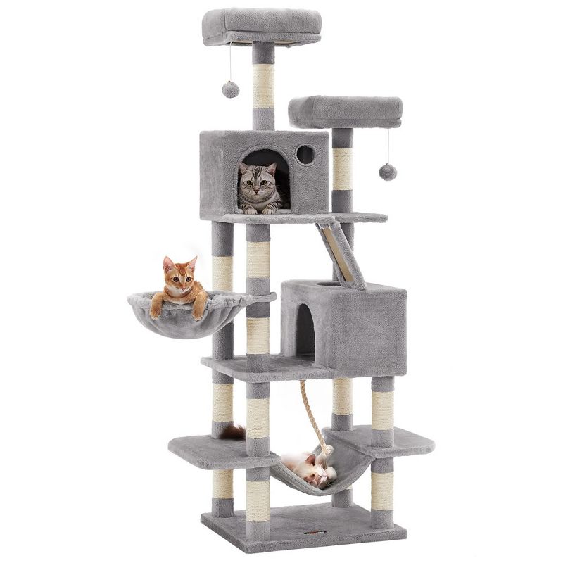 Feandrea Cat Tree, Large Cat Tower with 13 Scratching Posts, 2 Perches, 2 Caves, Basket, Hammock, Pompoms, Cat Condo, 2 of 11