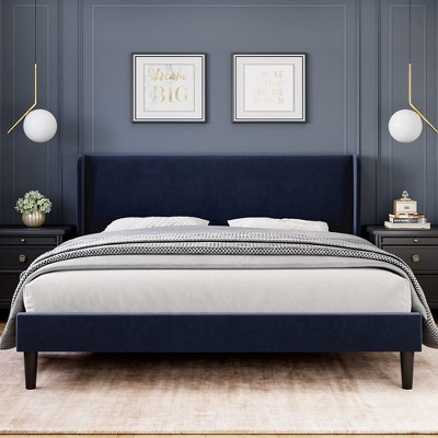 Upholstered Bed Frame with Wingback Headboard