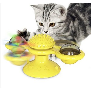 Cat Entertainment Set: Interactive Rotating Disk, Feather Teasers, Tumbler, Windmill Toy - Keeps Cats Active & Engaged Yellow - 1 of 4