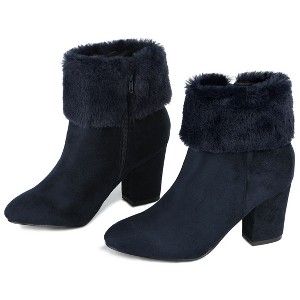 Allegra K Women's Side Zipper Cute Round Toe Faux Fur Chunky Heel Ankle Boots - 1 of 4