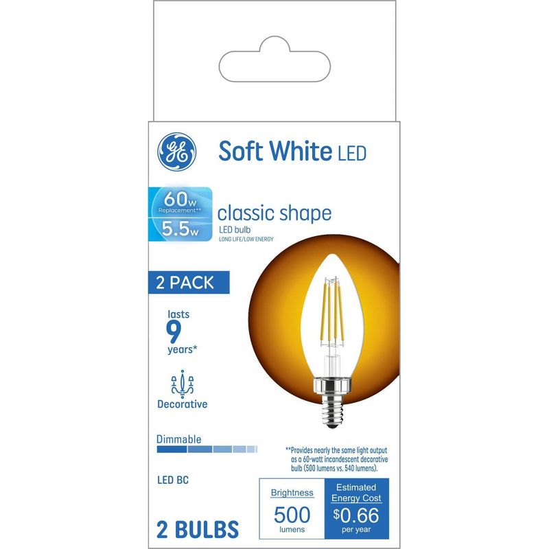 GE 2pk 5.5 Watts Soft White Candelabra Base Decorative Light Bulbs, 5 of 7