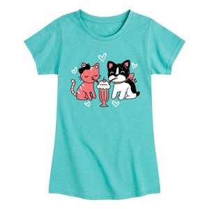 Girls' - Instant Message - Cat and Dog Drinking A Milkshake Fitted Short Sleeve Graphic T-Shirt - 1 of 4