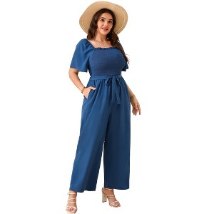 Women's Plus Size Wide Leg Floral Jumpsuits Casual Summer Outfits with Belt Bell Sleeve Smocked Peacock Blue 5XL - 1 of 4