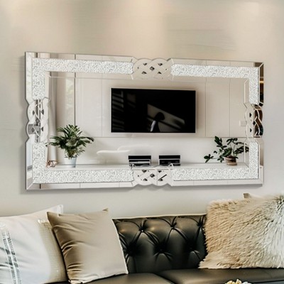 47.24x23.62in Artloge Rectangular Glass Silver Wall Mirror with Crystal Diamonds Inlay Edge