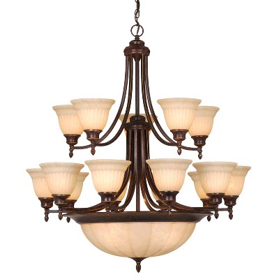 VAXCEL Brussels 15 Light 2-Tier Bronze Traditional Chandelier Amber Glass Shades
