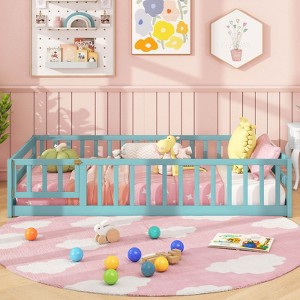 Costway Twin Size Floor Bed with Door & Fence with Safety Guardrails & Slats Support Gray/White/Mint Sky/Icy Aqua/Pink/Beige - 1 of 4
