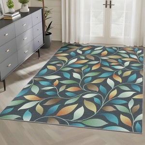 Extra Large Machine Washable Modern Floral Area Rug 9x12 Leaves Print Non Slip Non Shedding Accent Throw Carpet Botanical Floor Cover - 1 of 4
