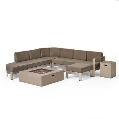 Cape Coral 9pc Half Round 5 Seater Sectional Set with Fire Pit and Tank Holder - Khaki/Silver/Light Gray - Christopher Knight Home
