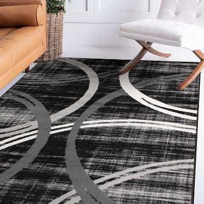 Contemporary Black Abstract 65'' Easy-Care Synthetic Area Rug