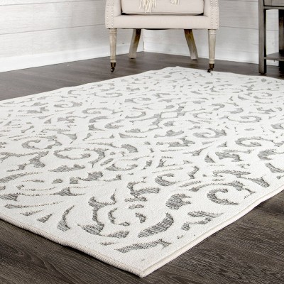 Natural Gray Damask Pattern Indoor Outdoor Runner Rug