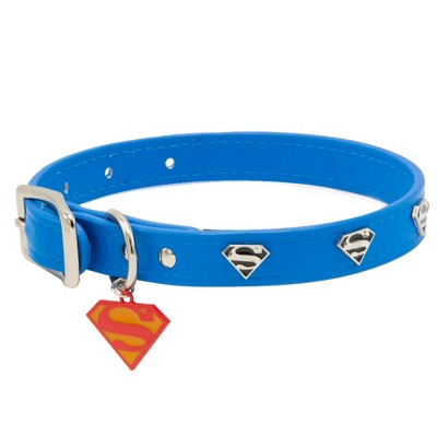 Buckle-Down Vegan Leather Dog Collar - DC Comics Superman Blue with Shield Embellishments & Metal Charm