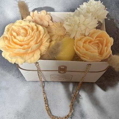 Glow Grace Decorative Flower Candle Gift Box Set, Scented Wax Roses with Gold Chain Handle, White Basket