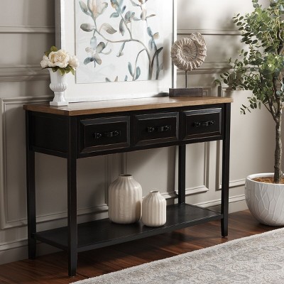 Transitional Black and Oak Rectangular Console Table with Storage