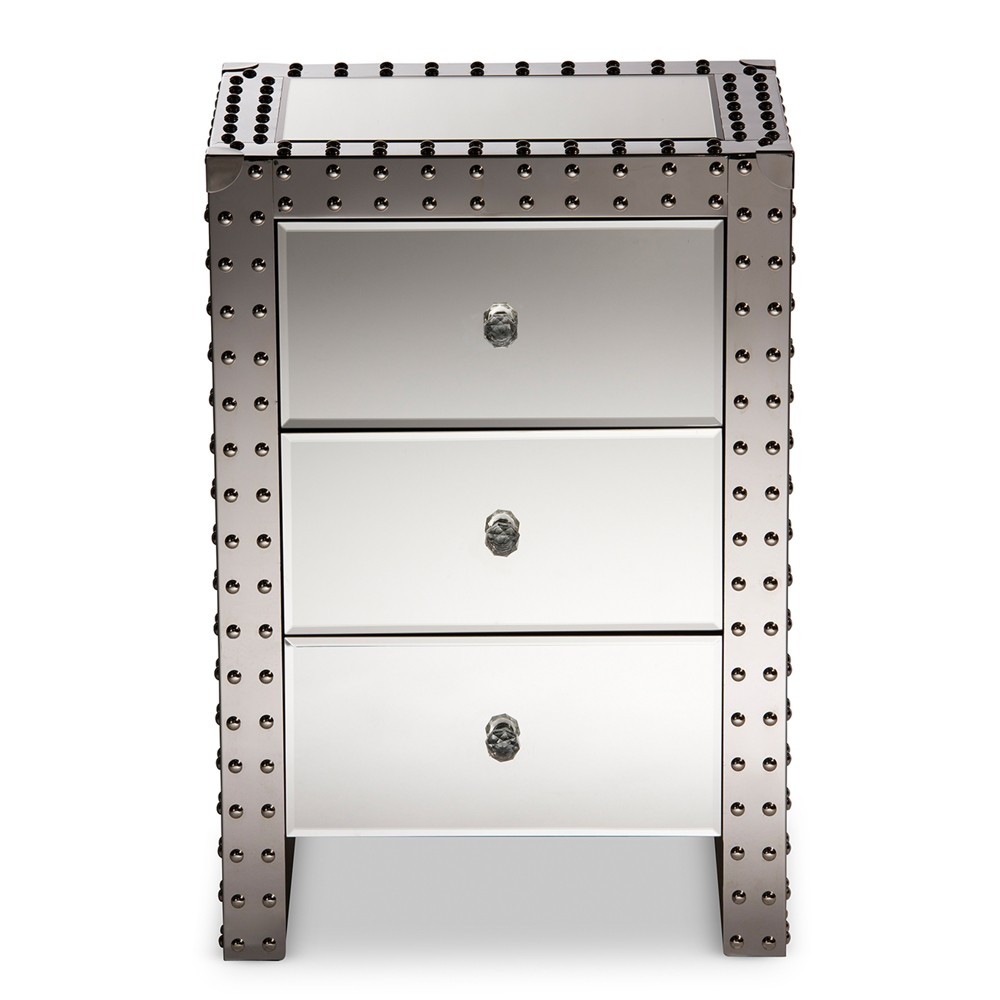 Azura Nightstand Bedside Table Silver - Baxton Studio: 3-Drawer, Crystal Knobs, Fully Assembled