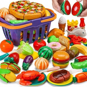42 Items 87 Pcs Cutting Play Kitchen Set, Pretend Cooking Fruit Vegetables Fast Food with Storage Basket, Birthday Gift - 1 of 4