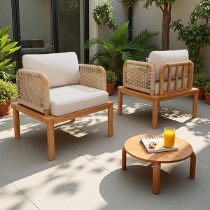 Outdoor Patio Acacia Wood Rope Weave Arm Chair with Water-Repellent Cushions - 1 of 4