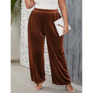 Women's Plus Size Velvet Wide Leg Pants High Waisted Loose Trousers - 1 of 4