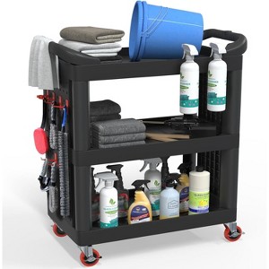 3 Tier Car Detailing Cart with Wheels, Car Wash Detail Trolley with Side Hanging Plate & Hooks（Black） - 1 of 4