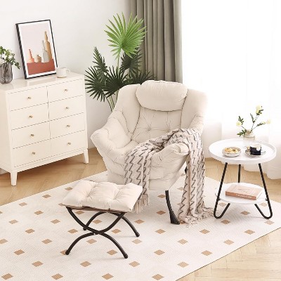 Modern Lounge Chair with Ottoman - Oversized Accent Chair with Folding Footrest - Comfortable Reading Chair for Living Room Bedroom - Beige