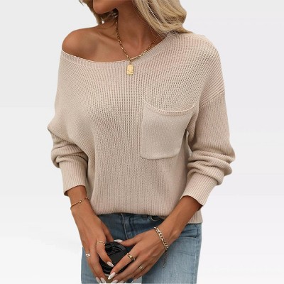 Womens Loose Fit Pullover Sweater Long Sleeve Round Neck Lightweight Pullovers Crop Rib Knit Tops Lounge Outfits Off Shoulder Knitwear